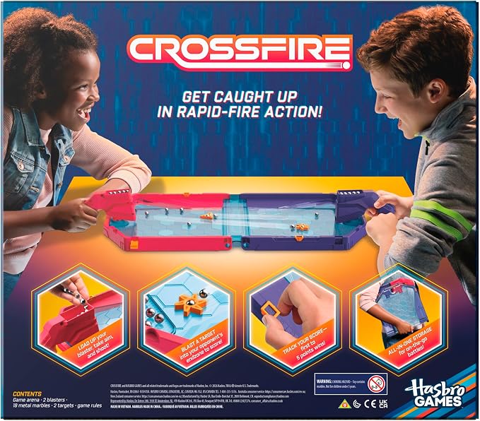 Hasbro Gaming Crossfire Game | Indoor Active Game for Kids and Teens | 2 Blasters, Marbles, Arena | Fun Family Board Games | 2 Players | 10 Mins. | Ages 7+