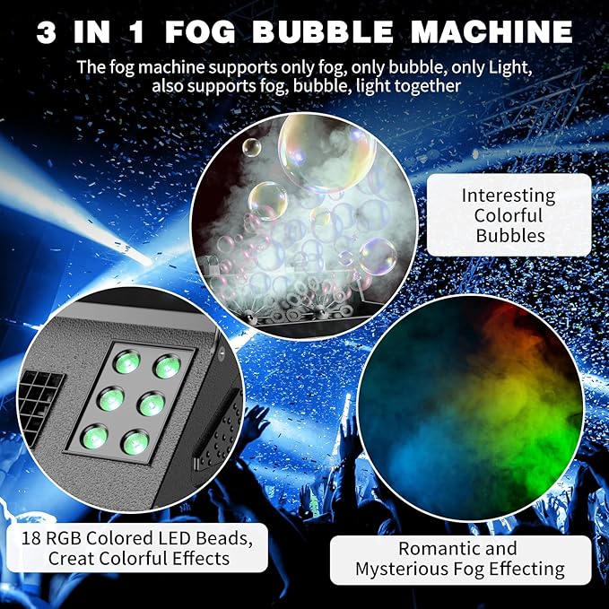 2000W Fog Bubble Machine, 3 in 1 Bubble Machine with 2 Bubble Fans,7 CH 18 RGB LED Lights Smoke Bubble All IN 1 Machine, Fog Machine Stage Effect for Party, Wedding, Halloween, 1 PACK