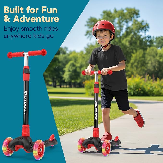Outdoor Cruiser 3-Wheel Kids Scooter – with Lean-to-Steer Technology, Led Lighted Wheel, 4-Level Adjustable Height T-bar Handle, Support Kids Up to 150 Lbs, for Boys & Girls Ages 3-8, Black and Red