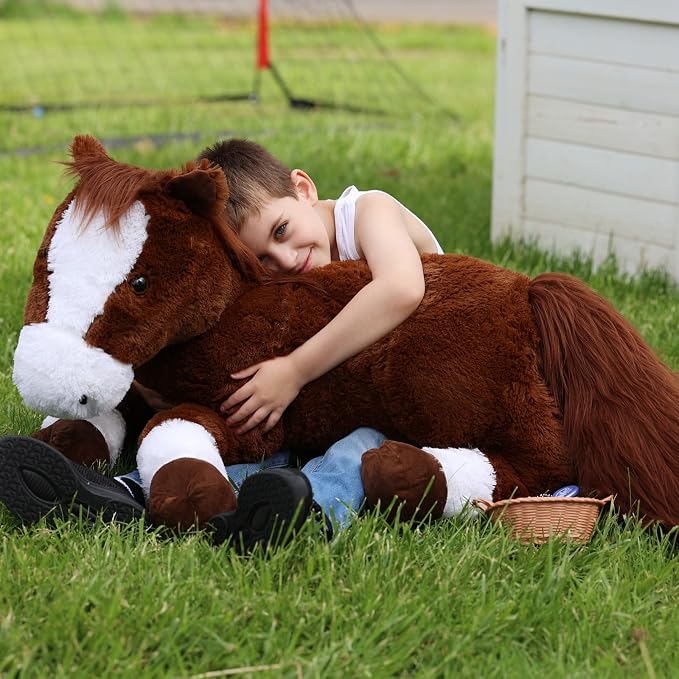 Tezituor 47 Inch Giant Horse Stuffed Animal, 4ft Large Chocolate Brown Pony Plush Toy, Realistic Farm Horse Plush Body Pillow Decor Birthday for Kids Girls Boys Horse Lovers