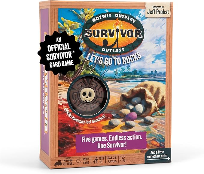 Exploding Kittens Survivor: Let’s Go to Rocks Game for Ages 8+, 2 to 6 Players, Strategy and Challenge Party Game with Rocks, Cards, and Immunity Necklace.