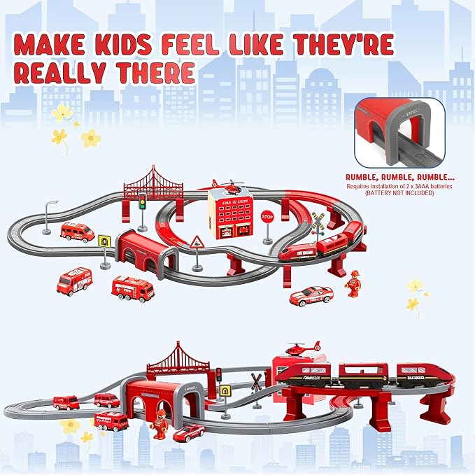 Wdmiya Train Set for Toddlers, 92 Pcs Train Toys for Kids Ages 2-8, Electric Trains Sets with Tracks (Magnetic Connection), Battery Operated Trains Birthday Gift for 2 3 4 5 6 7 (Fire 92 Pcs)
