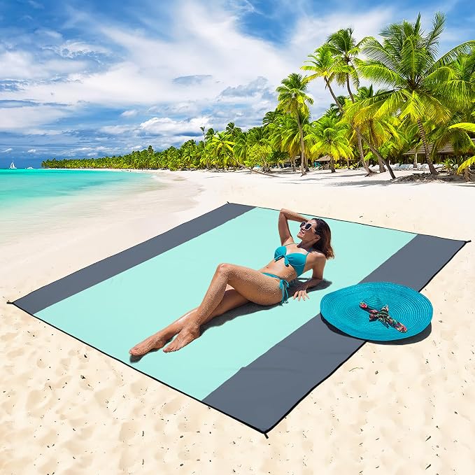 WIWIGO Beach Blanket Waterproof Sandproof Beach Mat 79" X 83"/10'x9'for 2-8 Adults Quick Drying Outdoor Picnic Mat Beach Accessories for Travel, Camping, Hiking