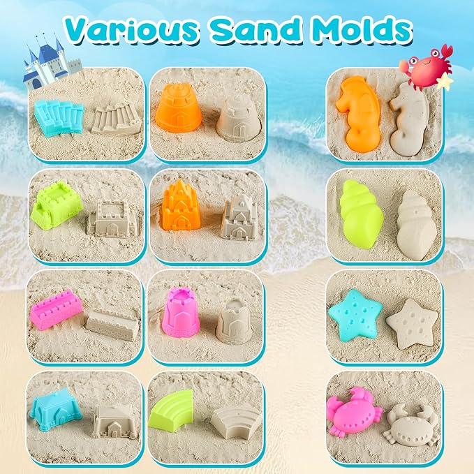 Dreamon Beach Toys for Kids 3-10, Collapsible Sand Toys Include 3 Pack Foldable Buckets, 24 PCS Beach Mold and Shovels Molds, Travel Sandbox Beach Toys for Kids Toddler with Mesh Bag