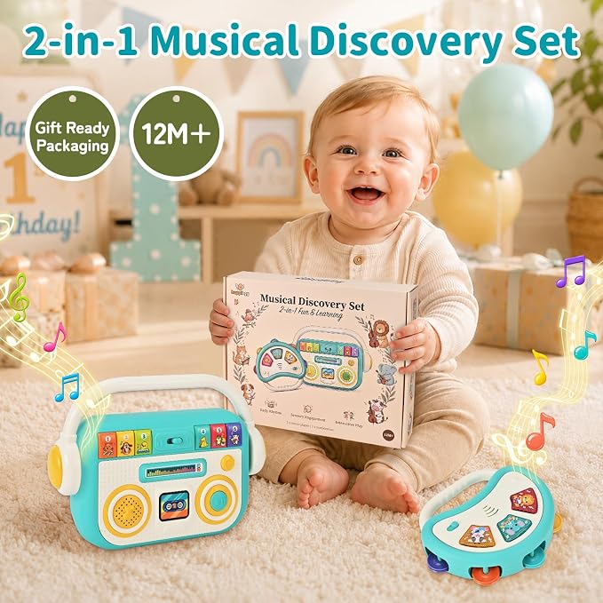 Baby Musical Toys for Toddlers 1-3, Baby Music Player & Light Up Tambourine Set 12M+, Educational Gift for Boys Girls