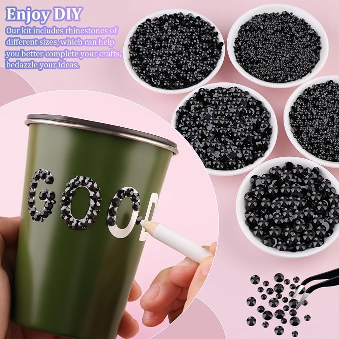 25000Pcs Resin Rhinestones for Crafting, Black 2-6mm Mixed Sizes Non Hotfix Flatback Gems with 1Pcs Glue, Bedazzling Crystal for DIY Craft Clothing Mugs Tumblers Shoes Fabric Decor Nail Art