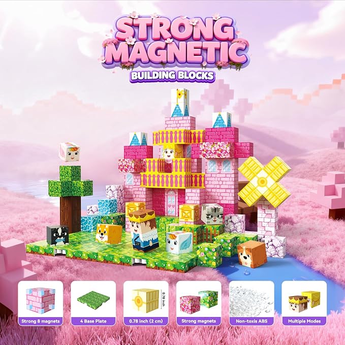 150 PCS Magnetic Blocks, Magnetic Building Blocks Cubes, Princess Magnet Toys for Kids Ages 3+, Magnet Blocks with 4 Bottom Plate for Girls, STEM Toys & Ideal Christmas Birthday Gift