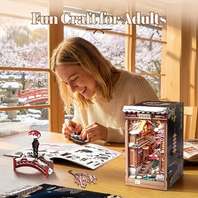 Fsolis Book Nook Kit for Adults – Japanese DIY 3D Wooden Puzzles | Japan Winter Scene Miniature House Building Bookshelf Diorama Gift for Women Puzzle Lovers (Kyoto Snow Whisper)