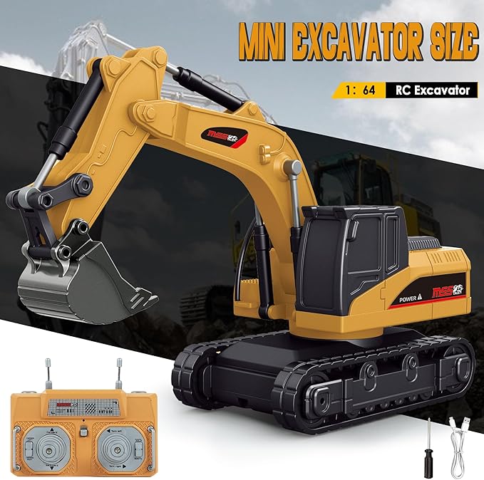 BRRRRT 1/64 Full Proportion Remote Control Excavator,Remote Control Construction Vehicles with Metal Shovel,Type-C Direct Charging RC Excavator,Birthday Gifts for Boys and Girls Age 3+