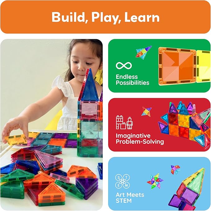 PicassoTiles 100pc Magnetic Tile Mini Diamond Set Travel Size STEM Educational Building Kit for Toddlers Preschool Boys Girls Age 3 Plus Montessori Indoor Learning Toy for Creative Development PTM100