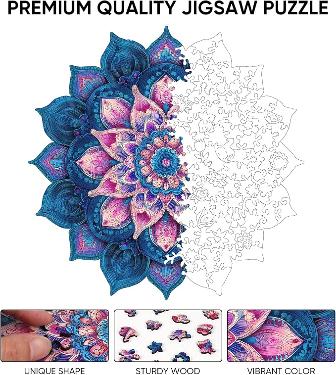 Ixfyloop Mandala Wooden Puzzles for Adults 471 Pieces, Lotus Jigsaw Puzzles Mindfulness Yoga Gift for Women, Relaxing Stress Relief Wooden Puzzles, Wood Puzzles Adult 16.4x16.5 inch