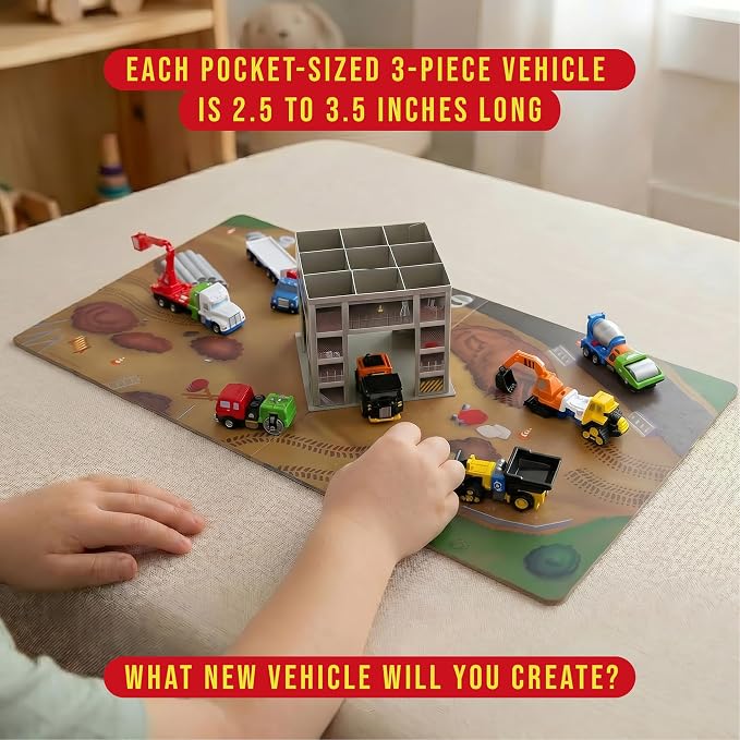 Popular Playthings Magnetic Vehicles for Toddlers 1-3, Mini Mix or Match Car Toys, Set of 7 Gift for Kids - Construction Trucks