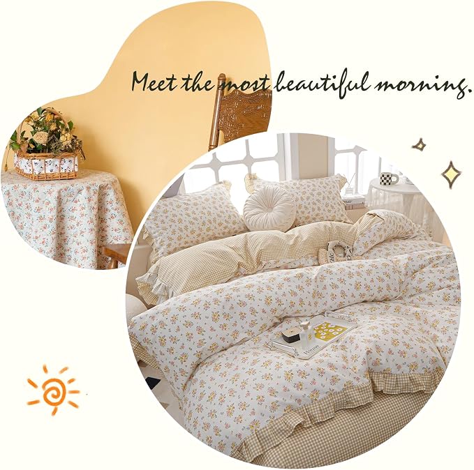 Ruffle Floral Comforter Set King 3 Pieces Vintage Flowers Pattern Romantic Ruffled Comforter with 2 Pillowcases Fluffy Soft Cottagecore Bedding Set Farmhouse Flowers Botanical Comforter Set King