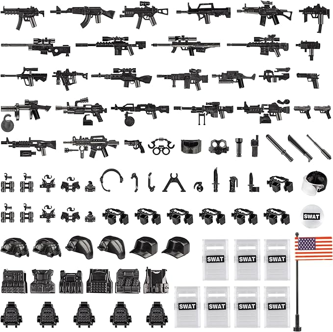 Weapons Pack Military Weapons Accessories Chicken Gear Weapon Parts Toys Military Equipment Battle Blocks Bricks Compatible with Major Brand, 3 Years Old and up, Us Weapons(88pcs)