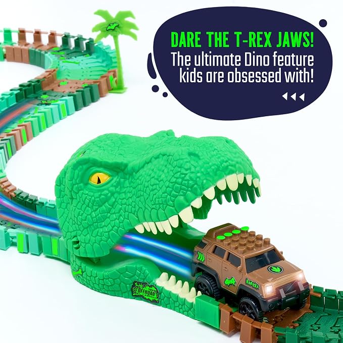 Dinosaur Jurassic Race Track Glow in The Dark Toy Playset - Includes Dino Figures, Epic Loop & Jaw Tunnel Set - Birthday for Kids, Boys & Girls 3-8 Years Old