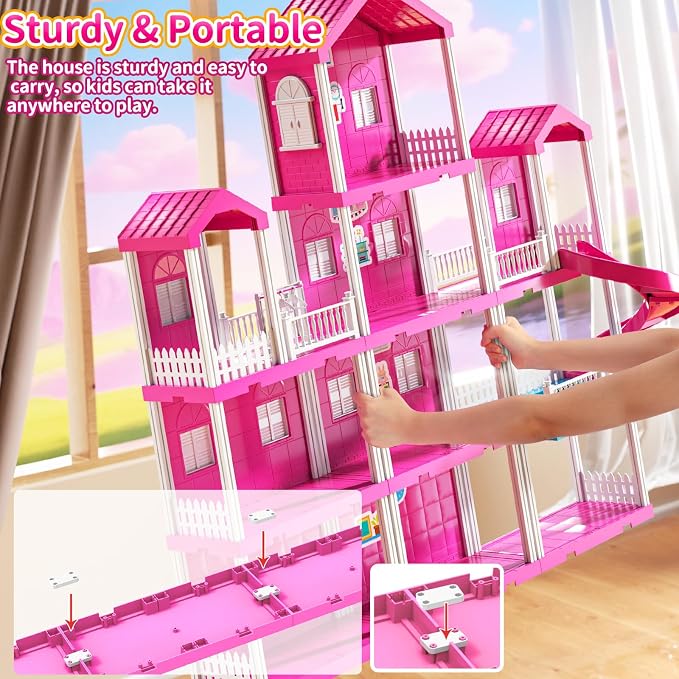 JUKUDAHU Pink Villa Playset for Girls Ages 3-7, 4-Story 10-Room House with 2 Dolls, Furniture & Accessories, Pretend Play Toddler Toy, Birthday Gifts for Kids 3-8
