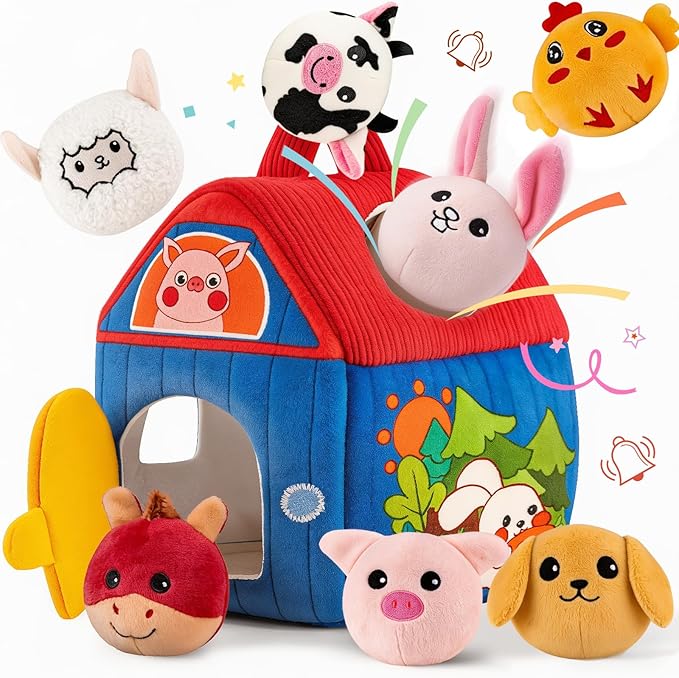 SAIMAND Baby Toys 6-12 Months, Barn with Stuffed Farm Animals, Montessori Toy for Babies, Sensory Toys for Toddlers 1-3, Portable Baby Farmhouse Toy, Birthday Gift for Infants & Toddlers