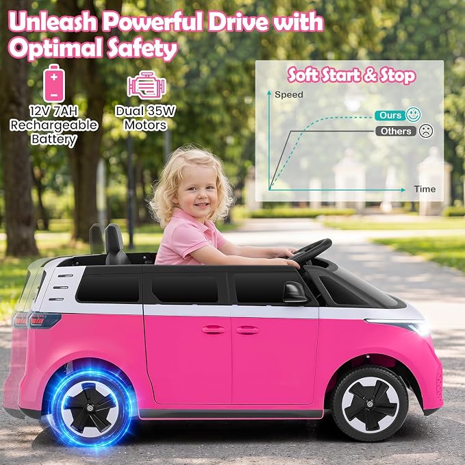 Costzon Ride on Car, 12V Licensed Volkswagen Kids Car Bus with Storage Compartment, Music, Story, Spring Suspension, LED Headlights, Electric Vehicles for Boys Girls Aged 3-7 (Hot Pink)