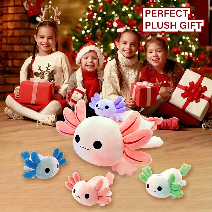 Axolotl Plush，Cute Axolotl Mommy Stuffed Animal with 4 Baby Axolotl Plushies in Tummy，Kawaii Axolotl Plush Toy Gift for Kids Girls Boys