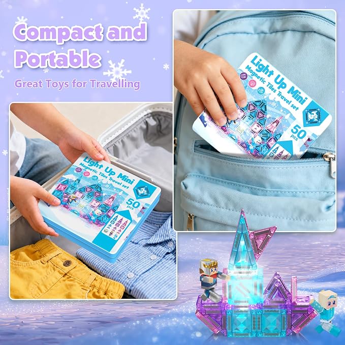 Mini Magnetic Tiles with 2 Little Action People, Light Up Frozen Tiles with Magnetic Action Figures for Princess Castle, Micro Magnet Portable Travel Toys for Kids, STEM Building Gifts for Boys Girls