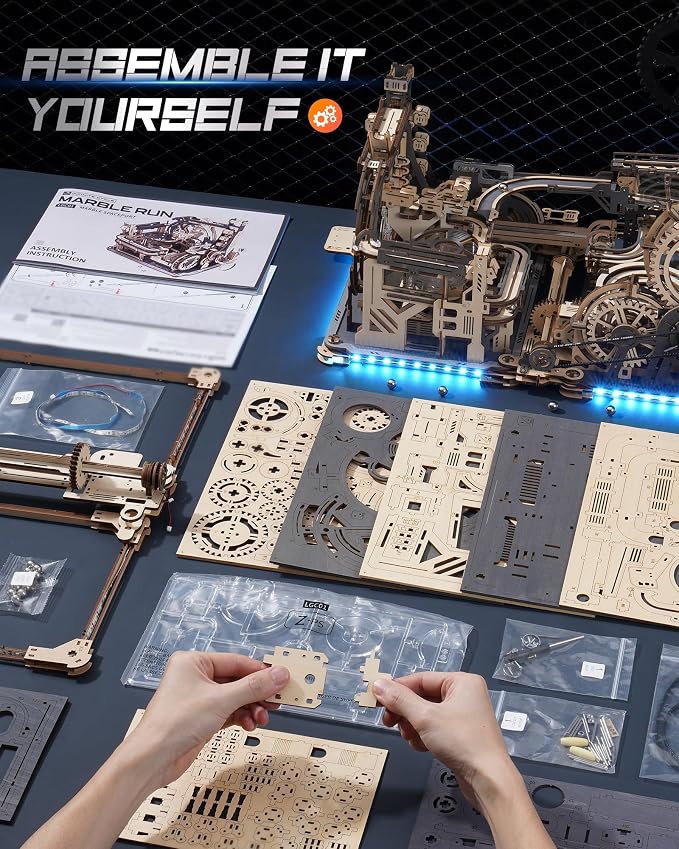 3D Puzzles for Adults - Marble Runs Building Set, Wooden Model Kits, Marble Spaceport+Marble Night City+Link Pack