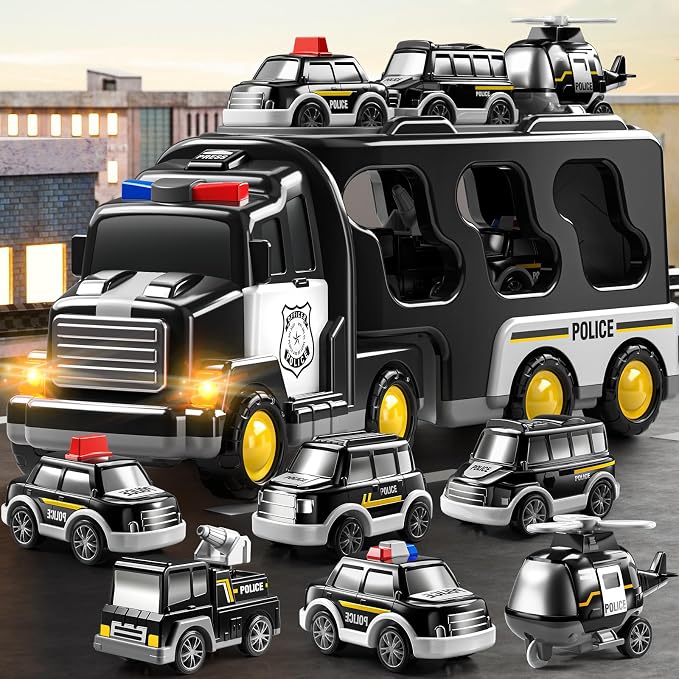 JUKUDAHU Police Truck Toy for 3-9 Years Old Boys & Girls - 7 in 1 Black Carrier Vehicle Set with 5 Toy Cars & 1 Helicopter, Friction Powered Car for Kids Age 1-3, Birthday Gifts for Toddlers 3-5