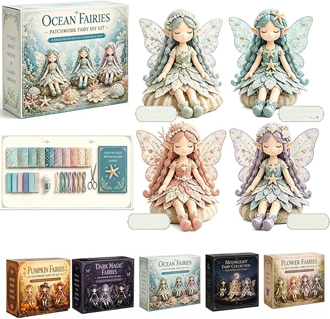 Fairy Patchwork DIY Collection, Fun Flower Fairy Patchwork Sewing Kit, Make 4pcs Winged Elf Cloth Dolls, Complete Fabric Supplies DIY Craft Set for Beginner Crafters, Home Decor Handmade Gift (#E)
