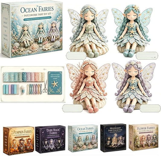 Fairy Patchwork DIY Collection, Fun Flower Fairy Patchwork Sewing Kit, Make 4pcs Winged Elf Cloth Dolls, Complete Fabric Supplies DIY Craft Set for Beginner Crafters, Home Decor Handmade Gift (#E)