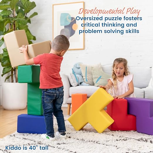 ECR4Kids SoftZone Brainy Building Blocks Puzzle Set, Beginner Playset, Assorted, 7-Piece