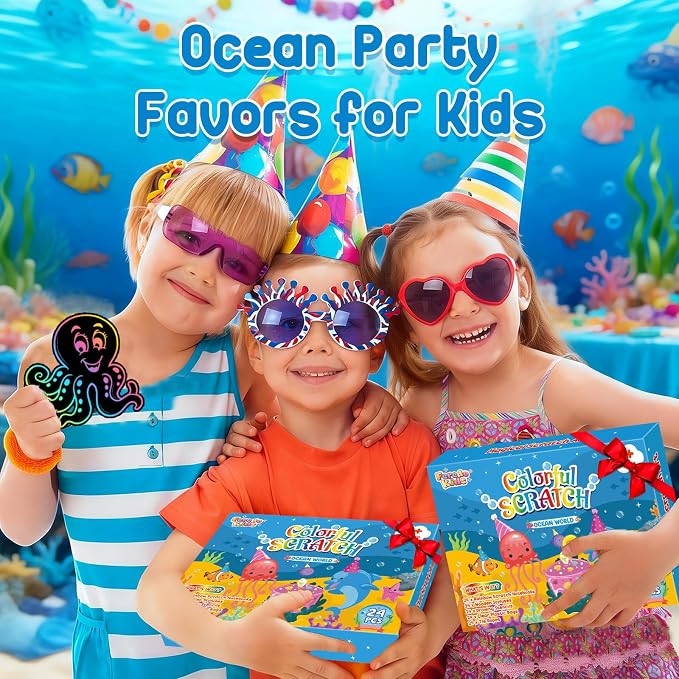 Rainbow Scratch Paper Party Favors: 24 Pack Ocean Rainbow Scratch Notebook, Goodie Bags Stuffers Coloring Books Party Favors for Kids 3-12, Bulk Classroom Birthday Gifts for Student
