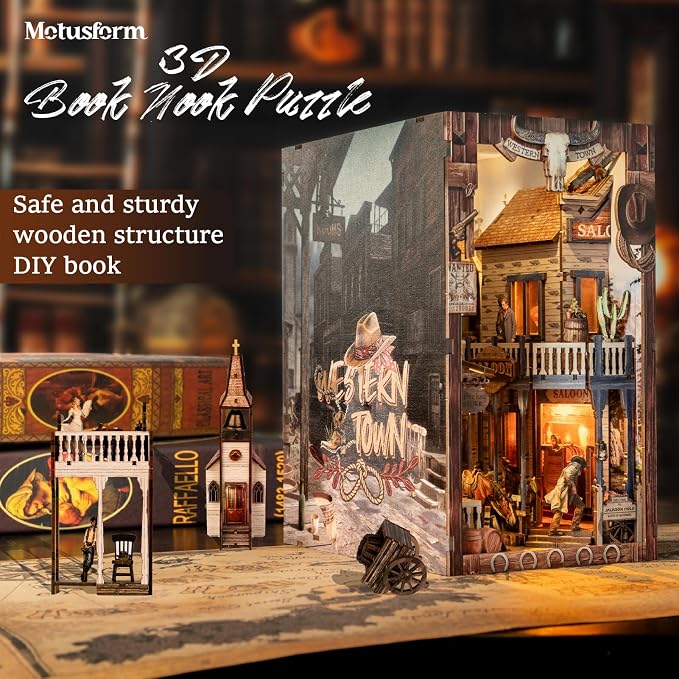 Book Nook Kit, DIY Miniature House Dollhouse - 3D Wooden DIY buidling Dollhouse with Bookshelf Nook (Western Town)