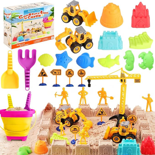 Beach Toys for Kids Ages 4-8: Construction Sand Toys Set with Collapsible Beach Bucket, Castle Molds & Trucks, Durable Beach Sand Play Kit for Boys & Girls