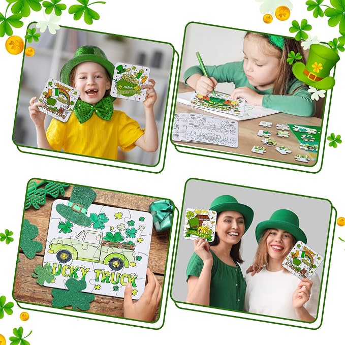 Realspring 24 Pack St Patricks Day Crafts for Kid Irish Coloring Jigsaw Puzzles St. Patrick's Day Activities Classroom Gifts Color Your Own Shamrock Irish Elf Hat Craft Puzzle for Party Favors