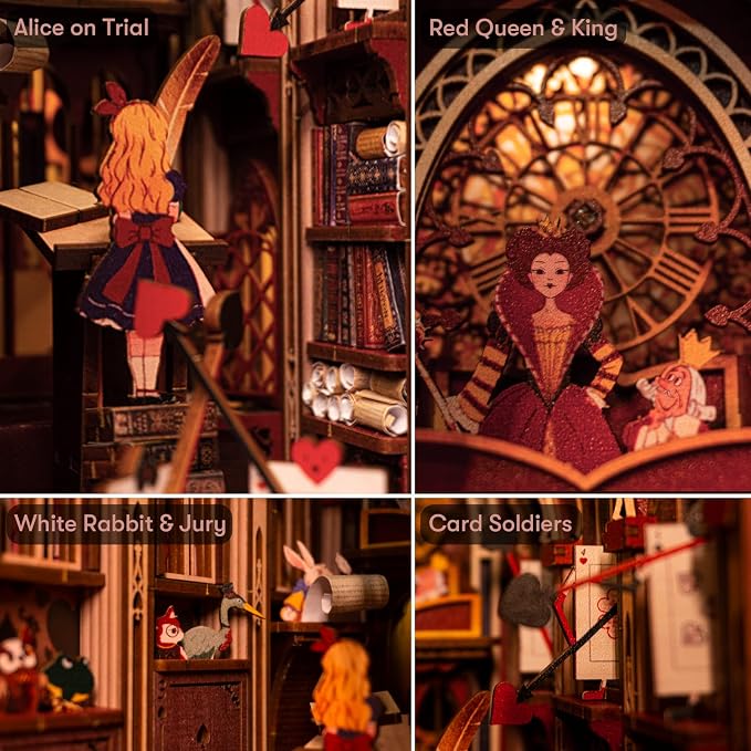 𝗠𝗶𝗻𝗶𝗖𝗶𝘁𝘆 Book Nook Kit, DIY Miniature Dollhouse Booknook Kit, 3D Wooden Puzzle Bookend Bookshelf Insert Decor with LED Light for Teens and Adults (Alice in Wonderland)
