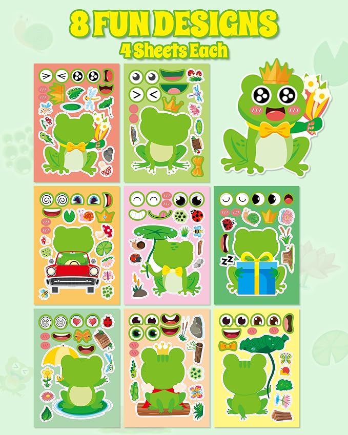 Aowplc 32 Sheets Frog Make-a-Face Stickers for Kids 8 Cute Designs Frog Craft Activities & Party Favors
