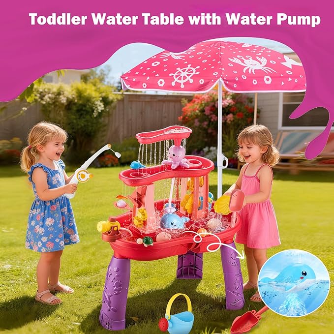 Water Table for Toddlers 3-5 with Umbrella Outdoor Toys for Kids Ages 4-8 Kids Sand Water Table with Fishing Game Set Activity Sensory Table with Water Pump Summer Beach Toys