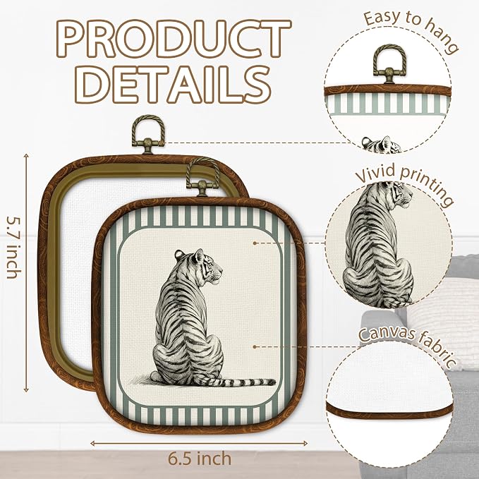 WULQYING Vintage Sitting Tiger Wall Art Decor, Retro Animal Theme Square Framed Canvas Art Prints, Modern Tiger Gifts Wall Hanging Decor for Gallery Home Living Room Apartment, 5.7x6.5 Inches