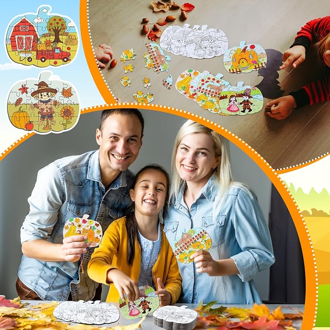 Realspring 24 Pack Fall Thanksgiving Pumpkin Shape Jigsaw Puzzles for Kids Age 3-5, 4-6, 6-8, Color Your Own Autumn Crafts DIY Paper Puzzle Party Favor Gift for Thanksgiving Toddler Children Toy