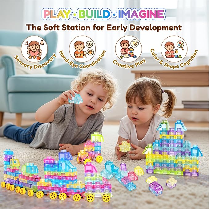 Soft Train Building Blocks with Wheels, 42 PCS Montessori Sensory Stacking Blocks, Toddler Learning Toy with Station, Squeezable, Stretchable & Stackable Tactile Toys, Preschool Creative Play for Kids