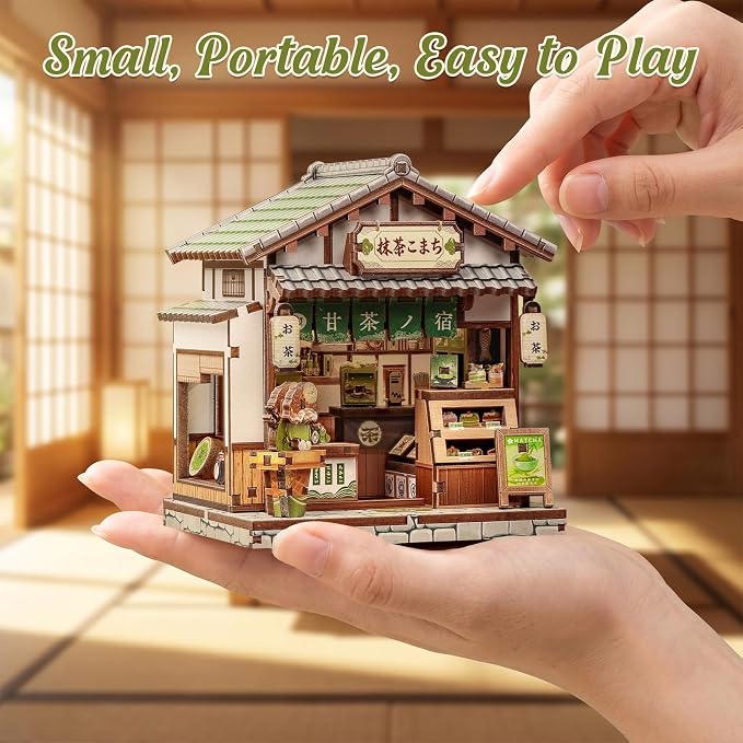Cutefun DIY Miniature House Kit, 128 Pcs 3D Wooden Puzzle Tiny House Mini House Building Kit for Beginners & Teens, Palm-Sized Japanese Booknook Dollhouse for Bookshelf Decor (Kyoto Matcha Cottage)