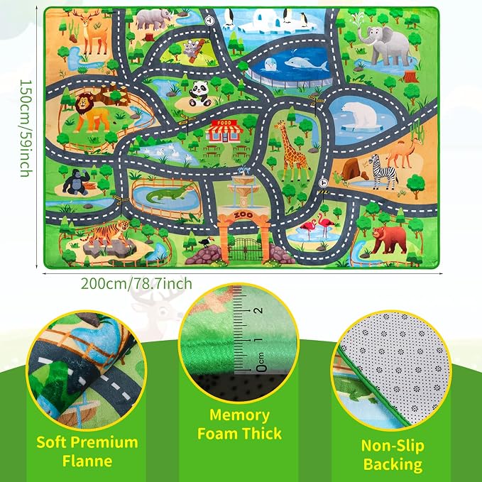 Car Rug Play Mat,4'11" x 6'7" Zoo Park Road Car Mat for Kids,Non-Slip Animal Car Track Rugs for Kids Toy Cars,Educational Kid Road Playmat Rug for Playroom Bedroom Kid Room(for Age 2+)