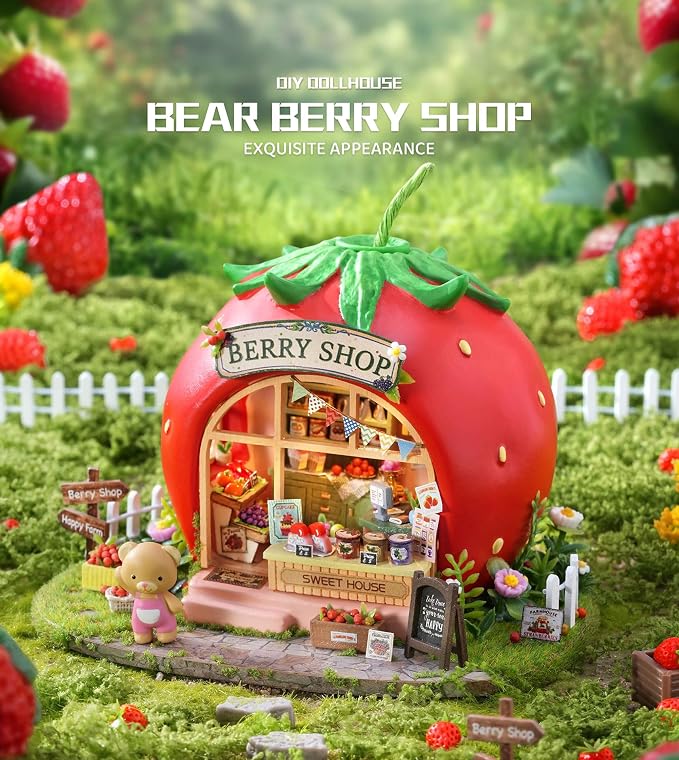 Roroom DIY Miniature House Kit, Bear Berry Shop Book Nook Kit with LED Light,3D Wooden Puzzle Miniature Dollhouse Kit for Bookshelf Decor-Creative Crafts for Family and Friends