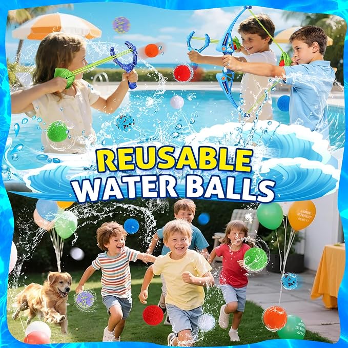 Reusable Water Balloons Set For Kids Outdoor, 2 pcs Bow and Arrow Ball Sets & 2 Slingshot Launcher with 24 Soft Water Balls, Pool Beach Yard Water Fight Fun, Summer Water Toys for Boys Girls Adults