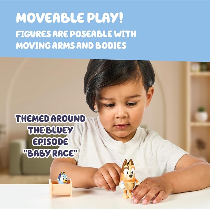 Bluey Baby Race Toy Figurines Pack of 2, Articulated Character Toys with Chilli, and Baby in Cradle Accessory, Small Action Figures Ages 3+