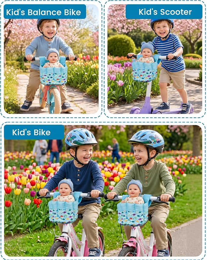 BABESIDE Doll Bike Seat for 12 Inch Dolls, Dinosaur Doll Carrier for Kids Bike and Scooter, Baby Doll Accessories for Outdoor Play, Doll Bicycle Seat Gift for Girls Age 3+
