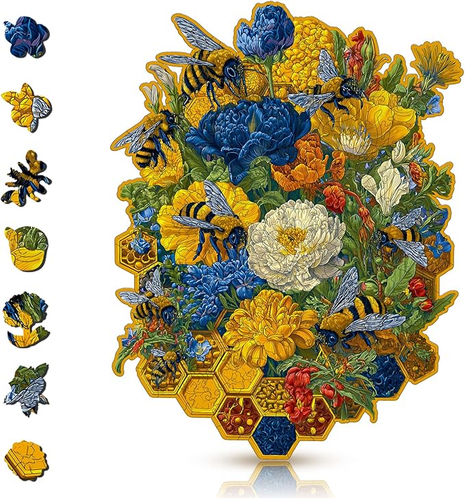 Mys Aurora Puzzles for Adults Flower and Bee Wooden Puzzles, 200 Pieces Unique Shaped Jigsaw Puzzles, Birthday for Mom Adults, Fun Challenge Family Game