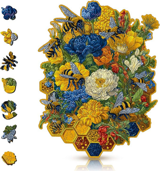 Mys Aurora Puzzles for Adults Flower and Bee Wooden Puzzles, 200 Pieces Unique Shaped Jigsaw Puzzles, Birthday for Mom Adults, Fun Challenge Family Game