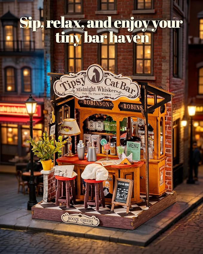 Robotime DIY Miniature House Kit for Adults, 1:28 Diorama Dollhouse with LED Lights, 3D Wooden Puzzles for Adults, Creative Crafts & Unique Gift for Craft Enthusiasts (Tipsy Cat Bar)