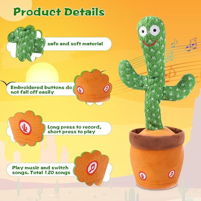 LUKETURE Dancing Talking Cactus Toy for Babies & Toddlers - 120 English Songs, Singing Mimicking, Recording Repeating, Educational Sensory Music Toy