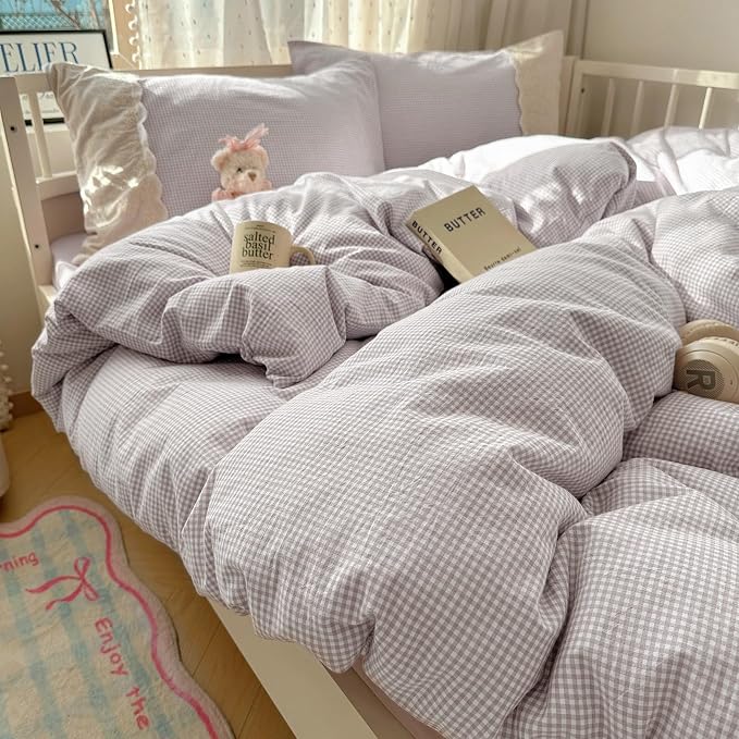 LifeTB Purple Gingham Comforter Set Full Size 3 Pieces Princess Lace Bedding Set Vintage Plaid Checkered Comforter with 2 Pillowcases Cozy Soft Breathable Purple Grid Comforter Set for Girls Teens